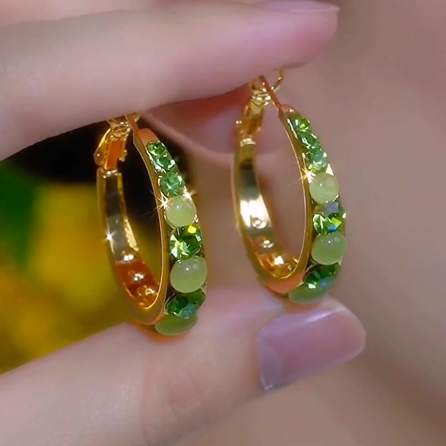 Spring Summer Green Rhinestone Circle Earrings High-End Light Luxury Retro Temperament Earrings High