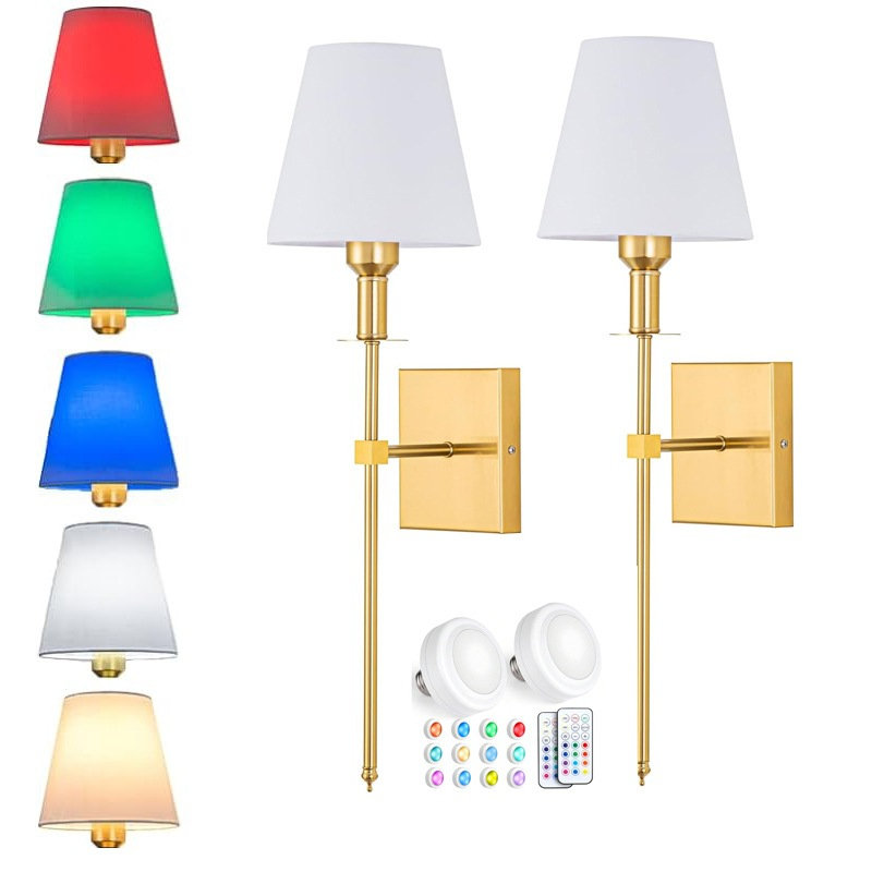 Slim Cordless Wall Sconces With White Fabric Shade, Battery Powered Wireless RBG Rechargeable Light