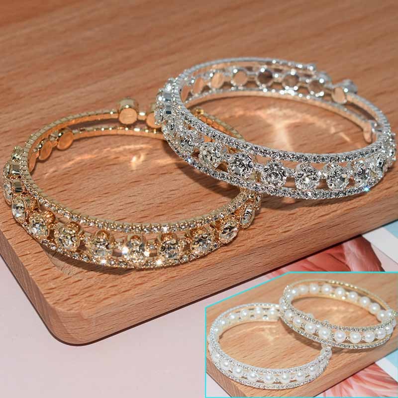 Bridal Bangle Female Full Diamond Open Bracelet Shiny Diamond Bracelet Luxury Women Pearl Bangle