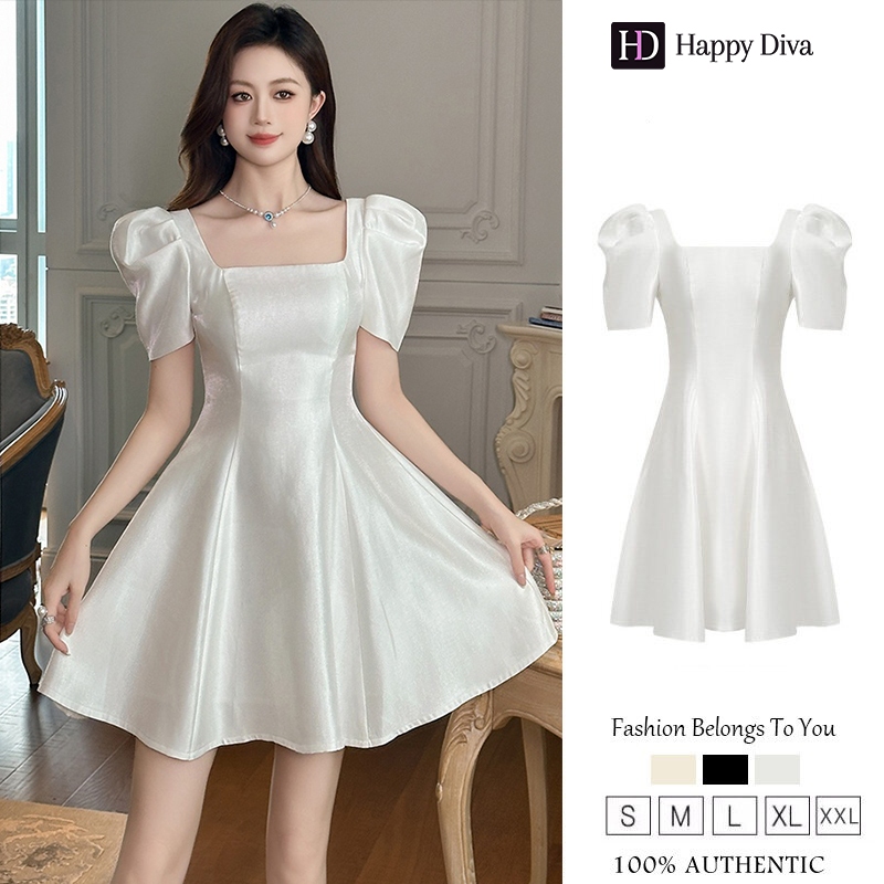 Happy Diva Women'S Summer Elegant Sexy Plain Puff Sleeve A-Line Dresses Black Gowns Dresses White Fo