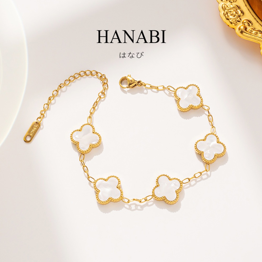 HANABI 18K Lucky Clover Bracelet, Gold White Color Stainless Steel Jewelry Gift for Women