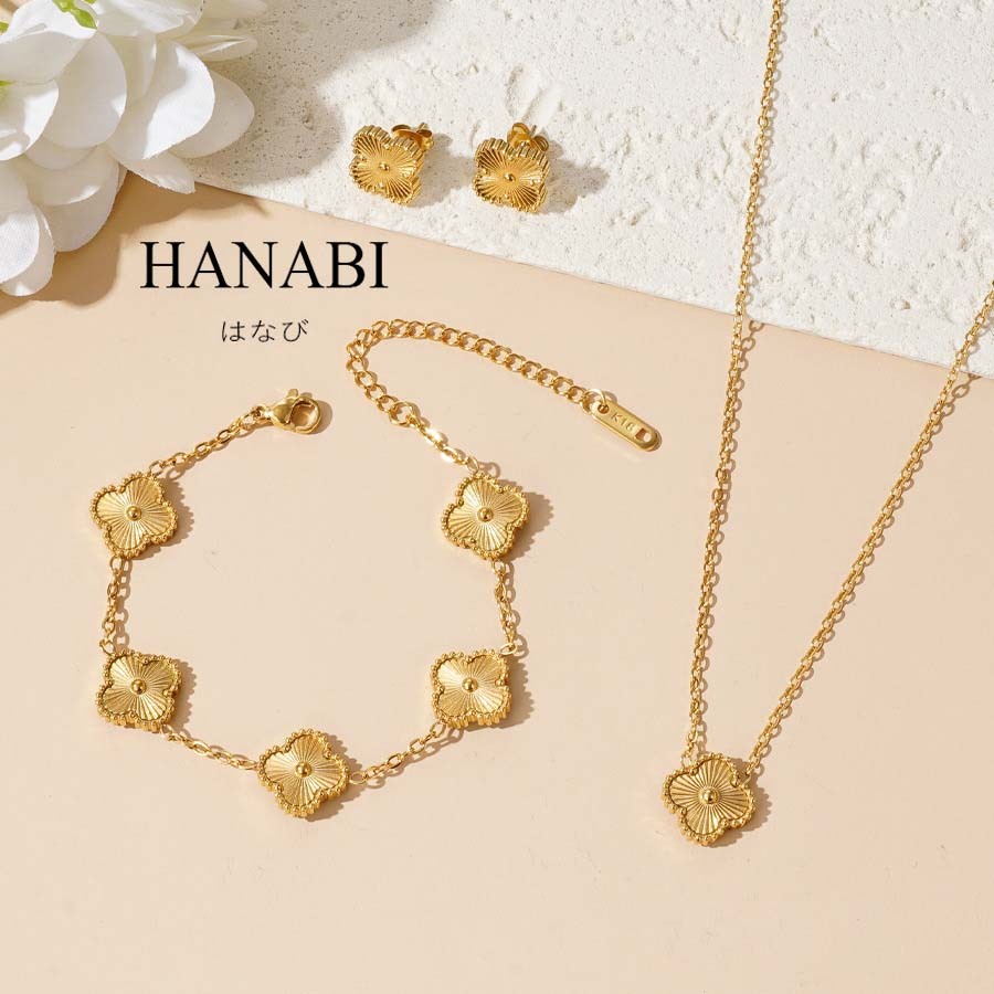 HANABI 18K Gold Kelly Clover Necklace Bracelet Earring Set,Lucky Stainless Steel Jewelry Set Gifts f