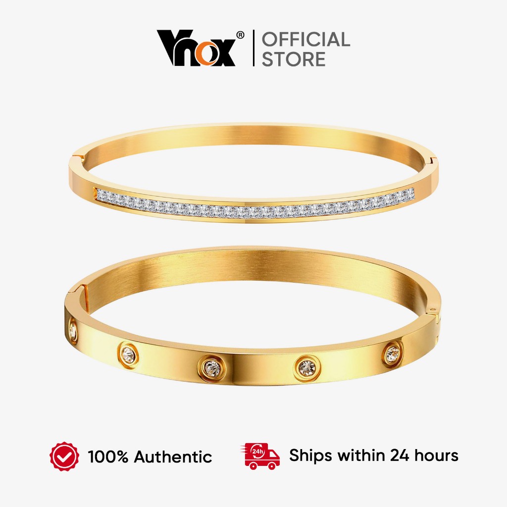 Vnox 2Pcs 18K Gold Plated Love Cubic Zirconia Bangle,Crystal Friendship Bracelet Jewelry,Wedding Par