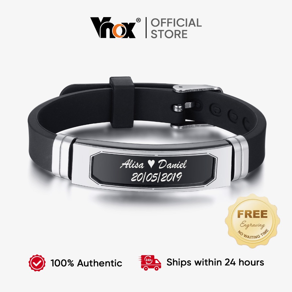Vnox New Men Personalized Bracelet Engraving Names Silicone Sport Wrist ID Tag Bracelet