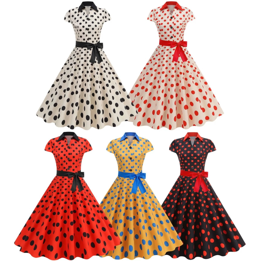 Vintage 1950s Retro Pleated Dress Short Sleeve Polka Dot Print Dress For Women Elegant Evening Party