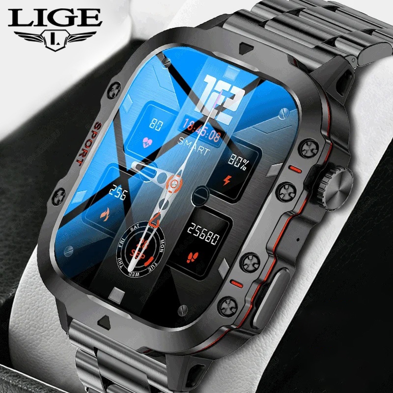 LIGE Bluetooth Call Smart Watch Men Sports Fitness Waterproof Voice Assistant 1.96 Inch Full Touch Screen Smartwatch For Android iOS