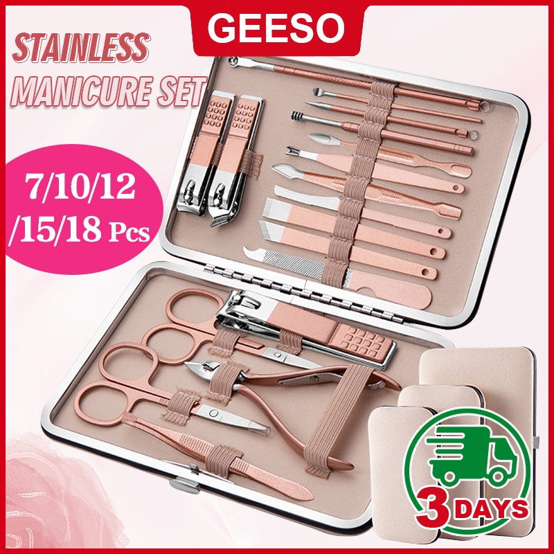 GEESO 18/15/12/10/7 Pcs/Set Stainless Manicure Set Nail Clippers Kit Cutter Scissors Pedicure Care T