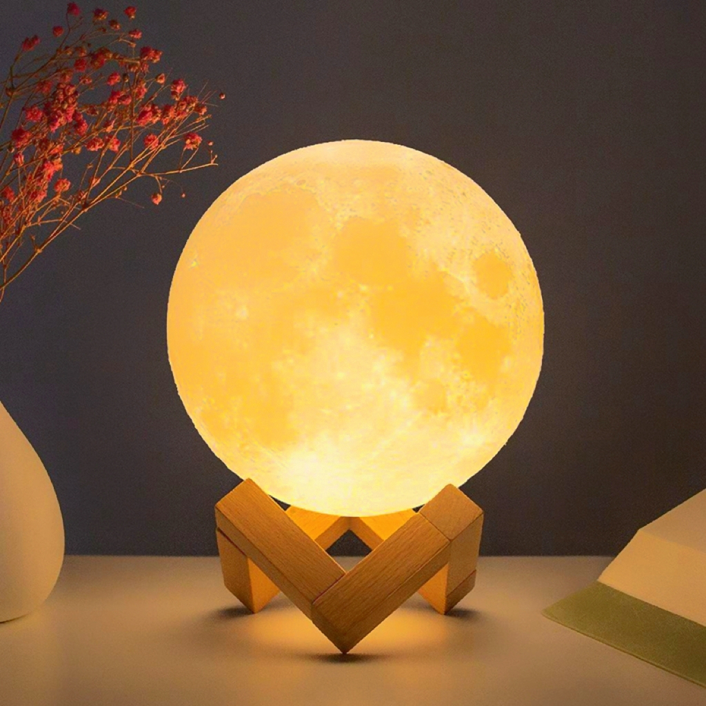 3D Moon Lamp Battery-Powered Decorative Aesthetic Night Light with Wooden Stand Home Room Decor Lamp