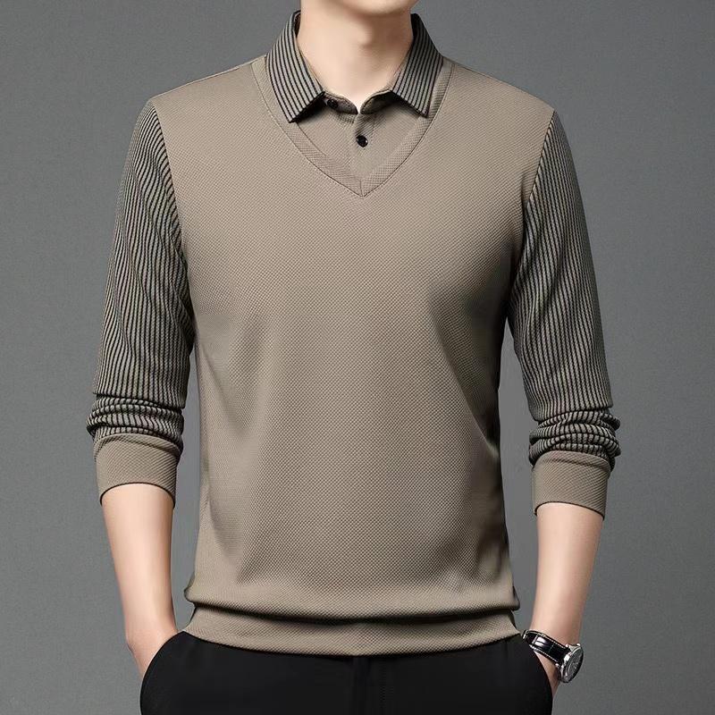 Long-sleeved Thin Knitted Lapel Shirt Collar Fashion Casual Fake Two-piece Men's Top for Middle-aged