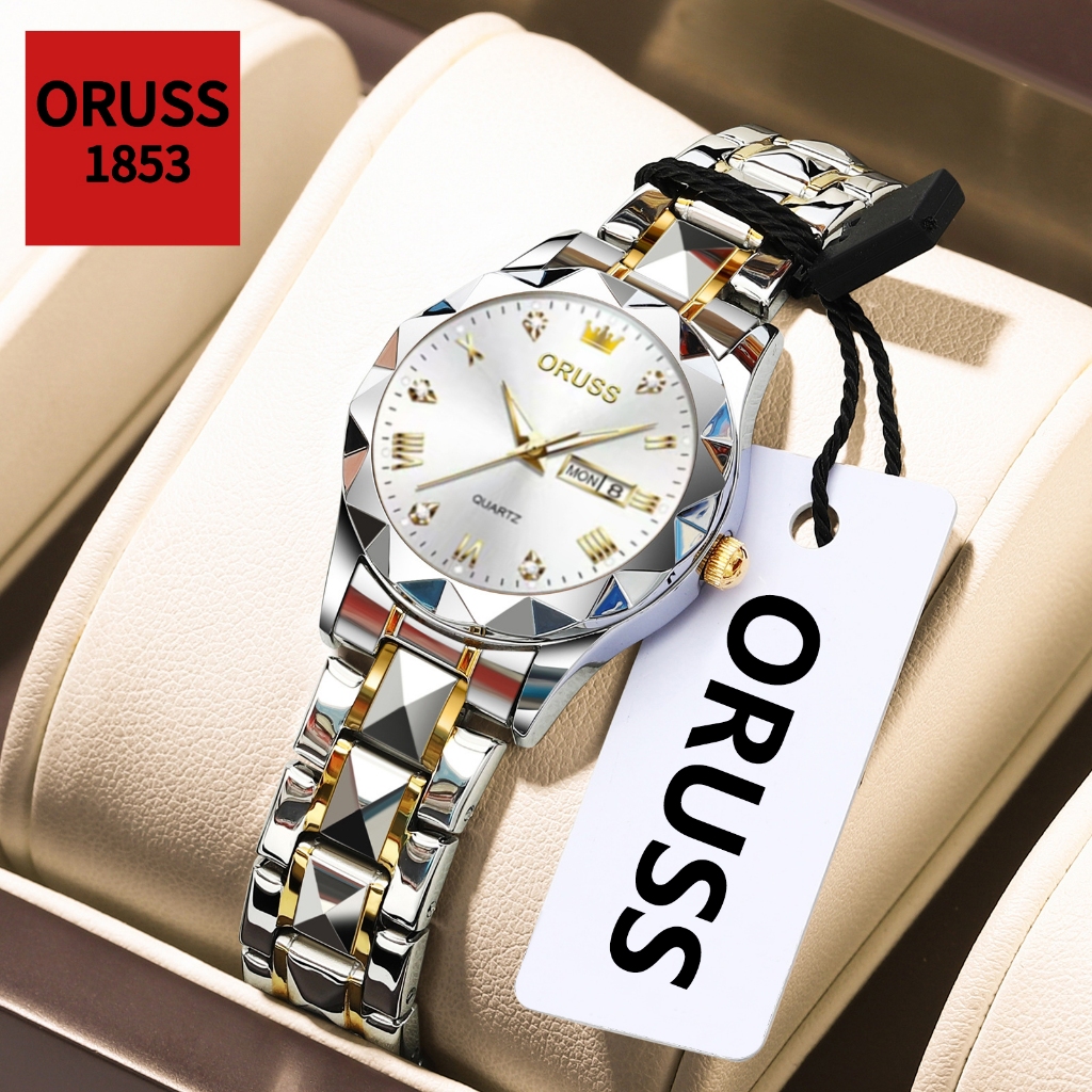 [Gift][With Box]ORUSS Original Women Luxury Stainless Steel Waterproof Luminous Dual Calendar White