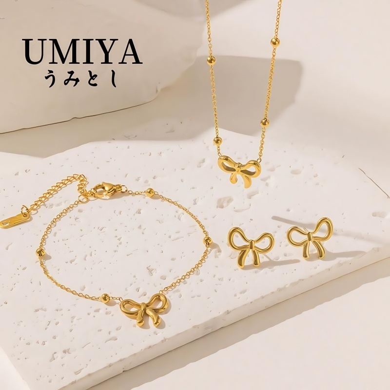3Pcs Bow Stainless Steel Gold Colour Fashion Necklace Earrings And Bracelet Set Gift For Women Jewel