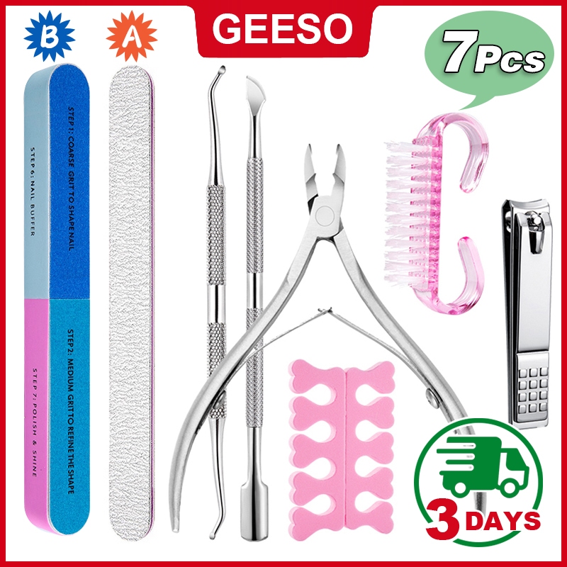 GEESO 7Pcs/Set Manicure Kit Nail Cuticle Pusher Tools Polishing File Toenail Separator Cleaning Brus