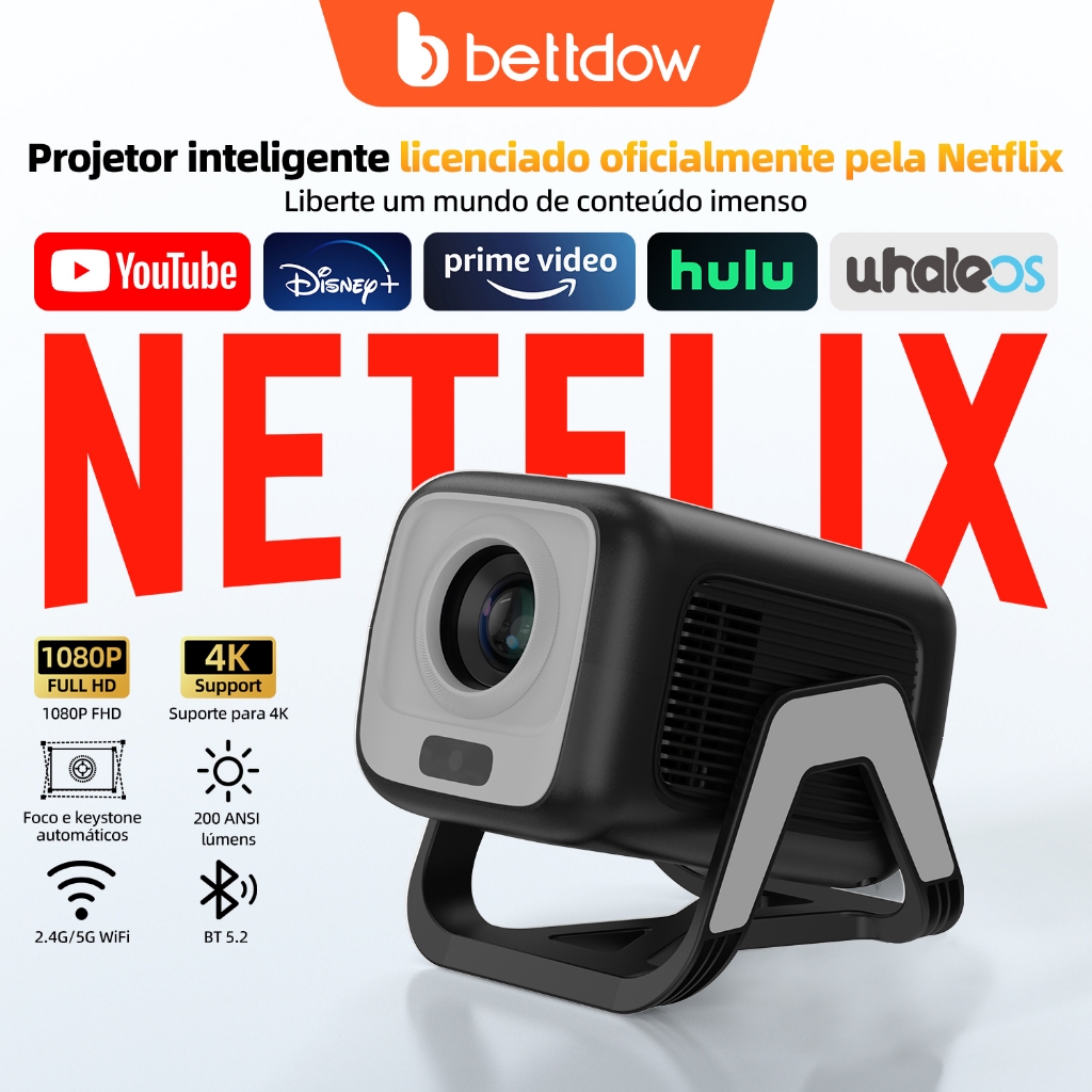 BETTDOW Projetor Netflix Genuíno 1080P Resolução Full 4K HD Android 13.0 E AI Controle De Voz Ampla