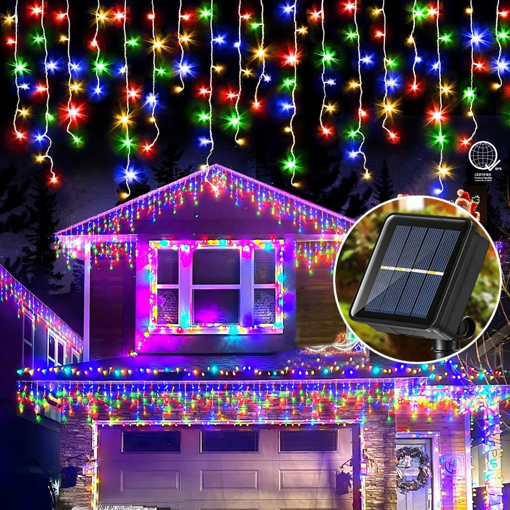 Solar Icicle Light Curtain Light Fairy String Lights Eaves Decor for Outdoor Curtain Wedding Party