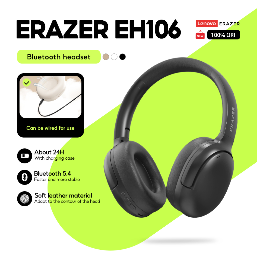 Lenovo Erazer EH106 Bluetooth 5.4 Headphones, Premium Artificial Leather Earpads, IP68 Waterproof Fo