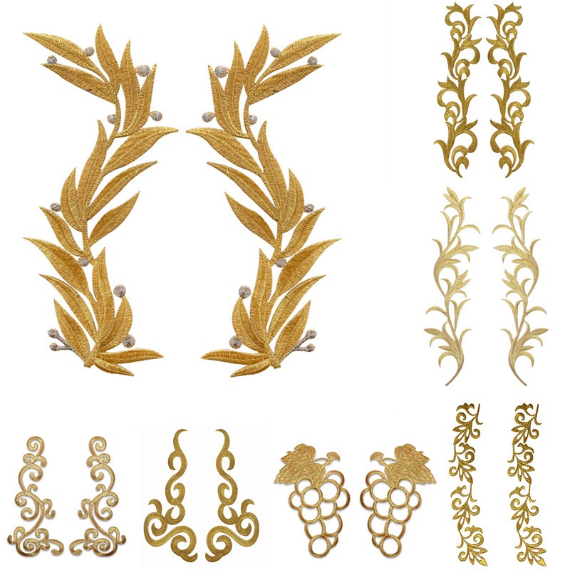 2Pcs Embroidery Gold Silver Applique Lace Trim Fabric Gown Collar Sew Iron On Patch Noble For Weddin