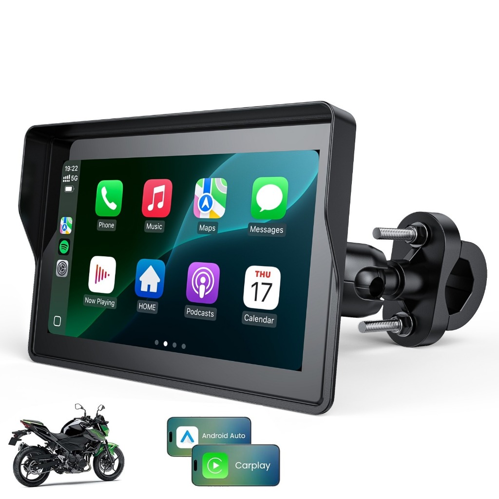 WonVon 5 Inch Motorcycle Carplay GPS Navigation System with Apple Carplay and Android Auto Portable Screen with Dual Bluetooth, Navigation, Siri, Google Assistant
