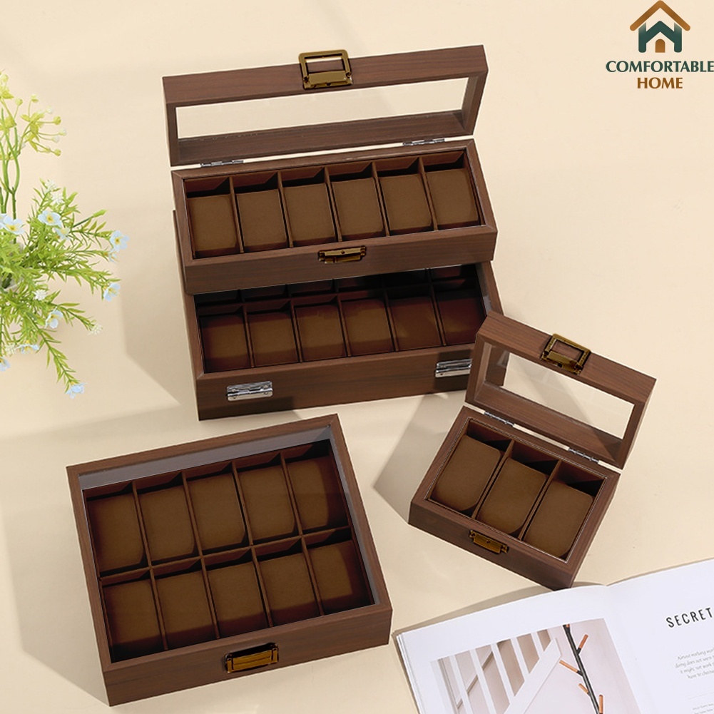 CHS 3/6/10/12 Slot Wood Watch Storage Box Dust Proof Glass Cover Watch Box Organizer Watch Jewelry B
