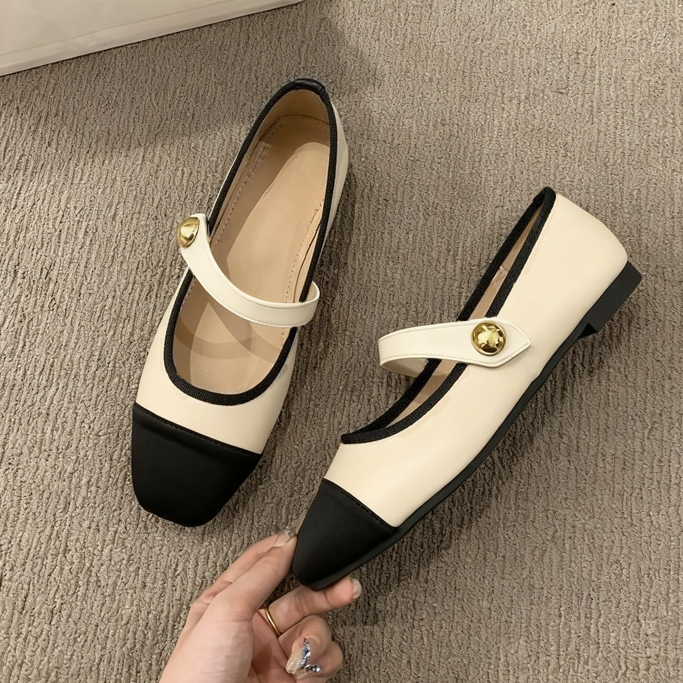 【FX】French Flat Shoes for Women Low Heels Mary Jane with Square Toe