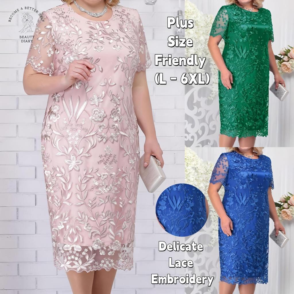 ( L-6XL) Women's Plus Size Elegant Lace Embroidery Midi Dress | Crew Neck Short Sleeve Formal Gown f