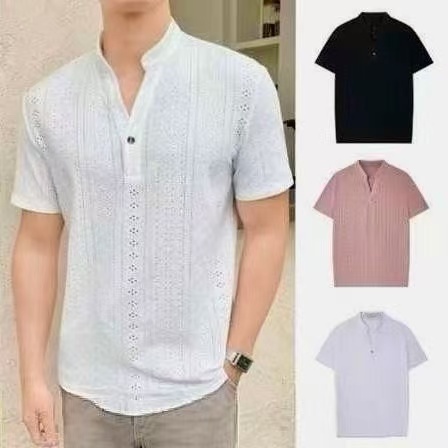 Mens Summer Polo Shirt Hollow Embroidery Design Casual Short Sleeve Woven Shirt Lightweight Comfort