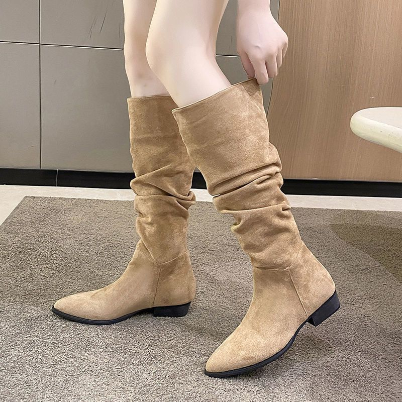 Women's Thick Heel Pleated Boots Cowboy Boots Slimming Knight High Boots Add 1 Size