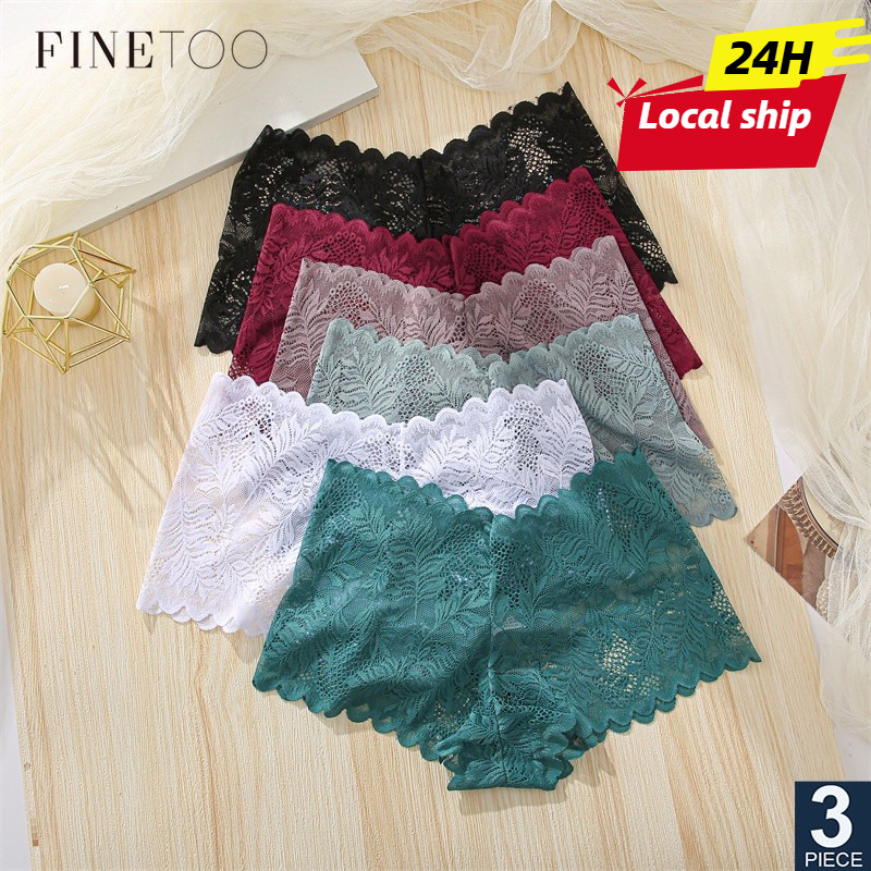 FINETOO 3Pcs/Set Lace Floral Underwear For Women Lingerie V-Waist Design Panties