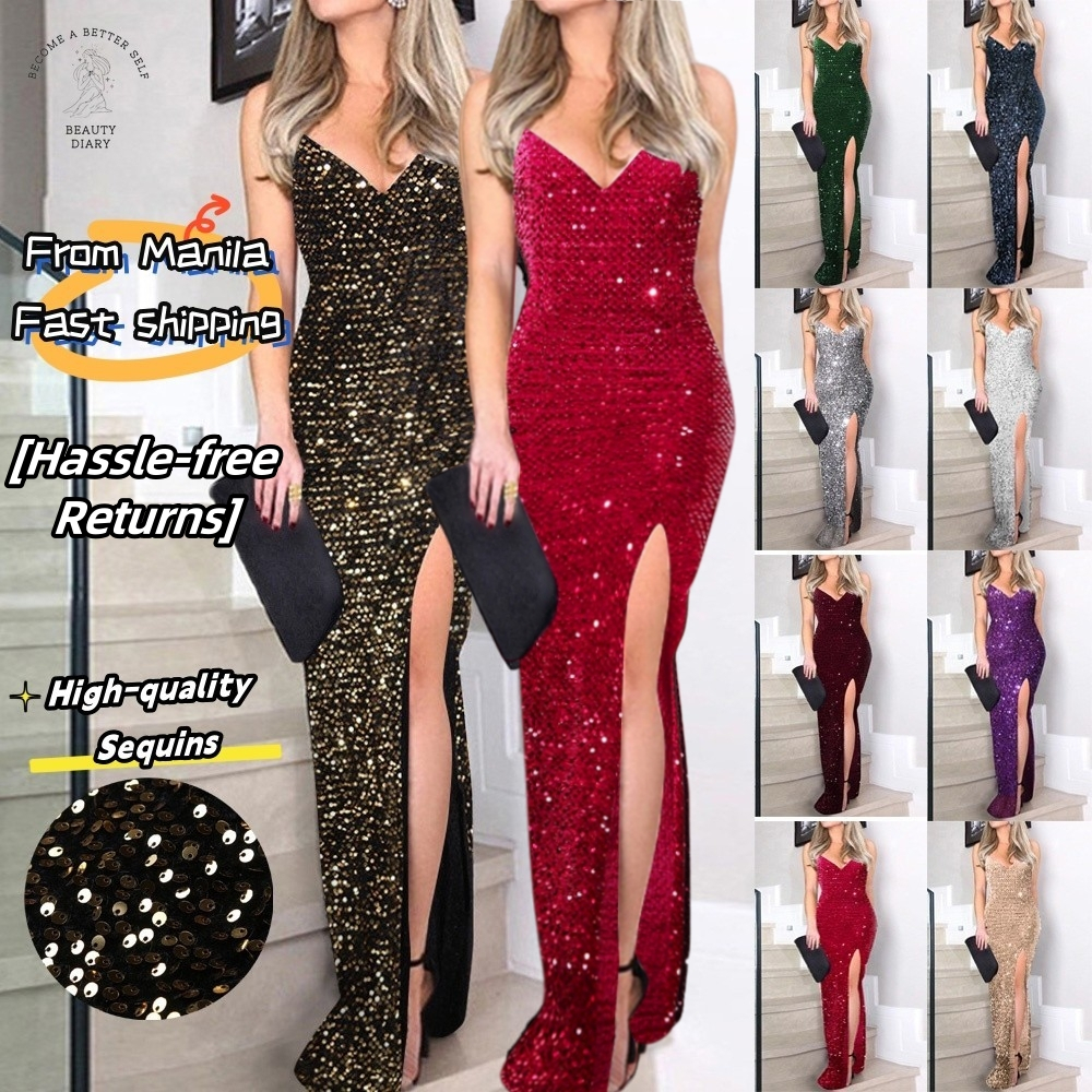 Sexy Sequin Glitter Glam Dress Bodycon Cocktail Party Long Gown High Slit Sleeveless Spaghetti Strap