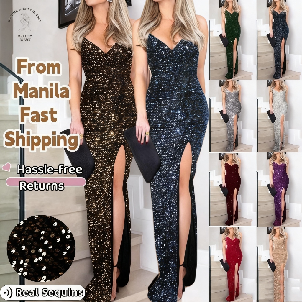 {Shipped From Manila+COD} Luxury sequin dress Deep Blue Glitter Sequin Cocktail Dress Sexy Elegant G