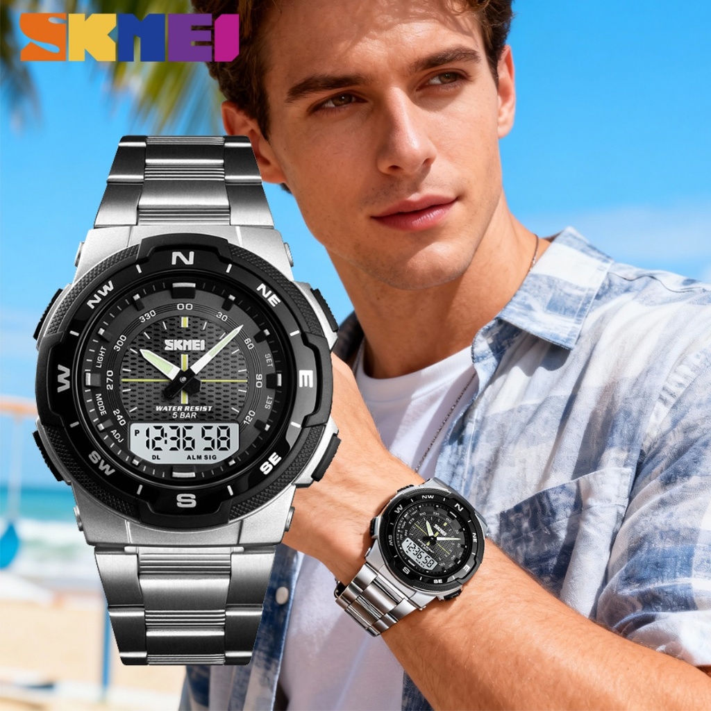 SKMEI Watch for Men Dual Display Stainless Steel Sports 50M Waterproof Digital Watch 1370