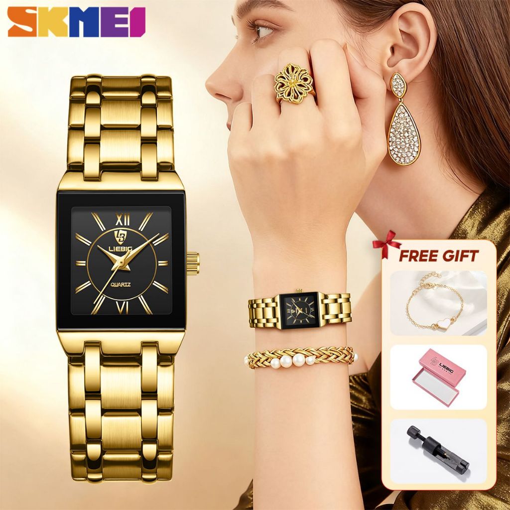 【BUY 1 GET 4】Skmei L1029 Women Watch Gold Rectangle Quartz Wristwatch Black Dial Stainless Steel Bra