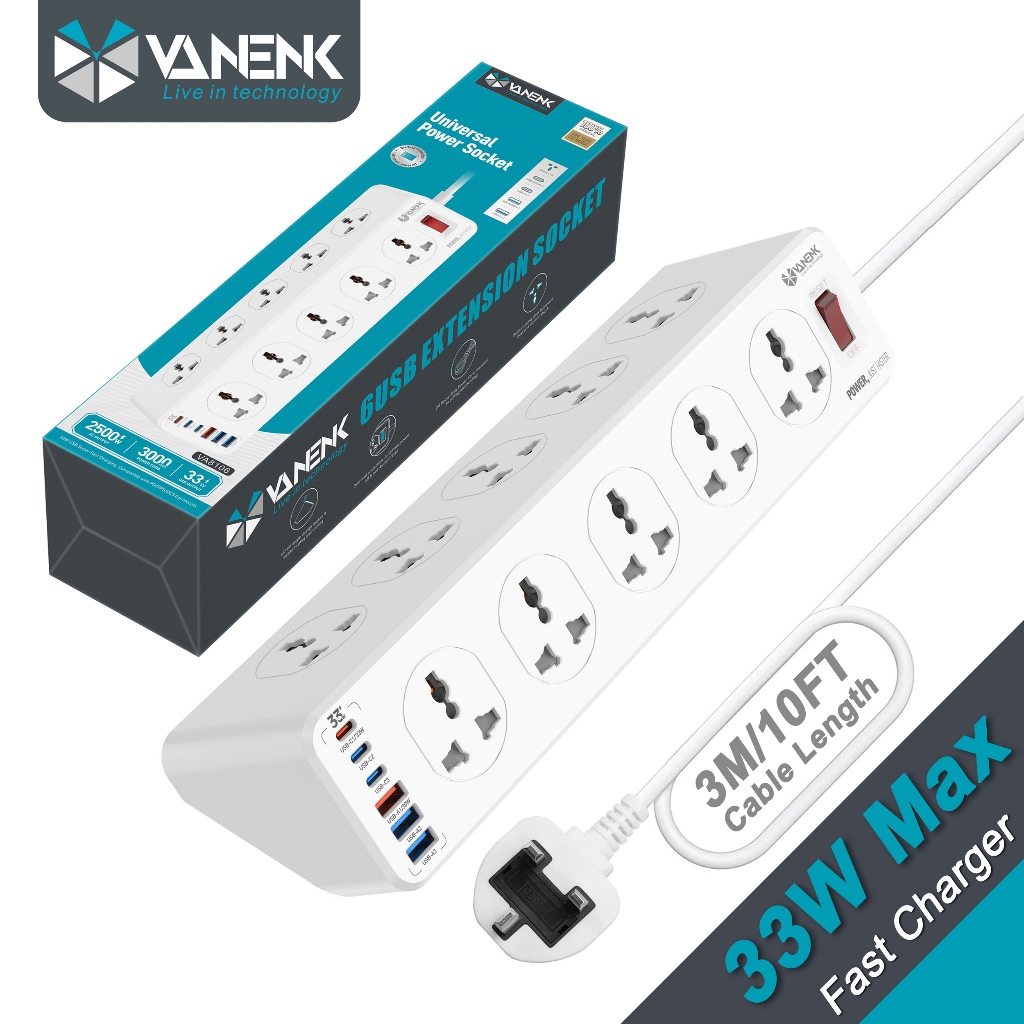 VANENIK 10 Way Universal Power Strip Socket Extension Cord 3 Meter with USB C Surge Protector QC & PD 3.0 Fast Charging Adapter UK Plug for Singapore Extension Cord 3M
