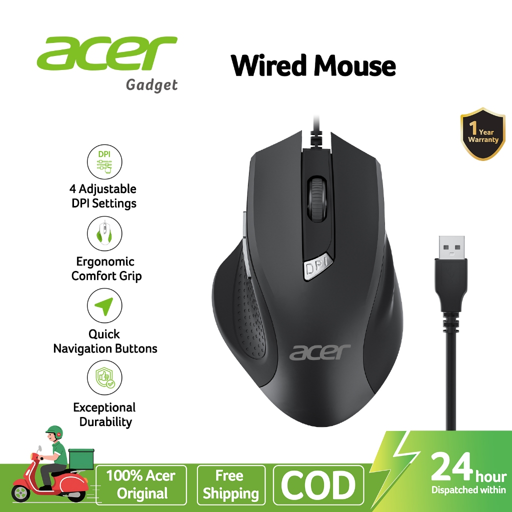 Acer Wired Mouse 4 Adjustable DPI USB Computer Mouse with Side Buttons 1.5m 6 Buttons 3200 DPI Compa