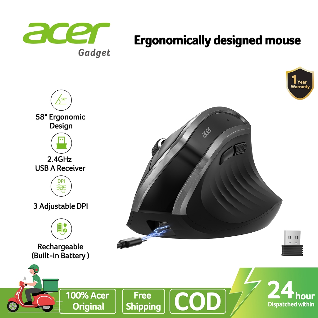Acer Ergonomic Mouse Wireless, Vertical Computer Mouse for Office, Ergo Mice Rechargeable, 2.4GHz US