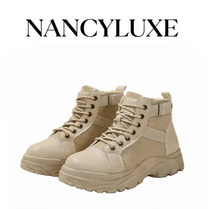 Black safety boots khaki thick sole ankle boots high cut heels canvas boots for women