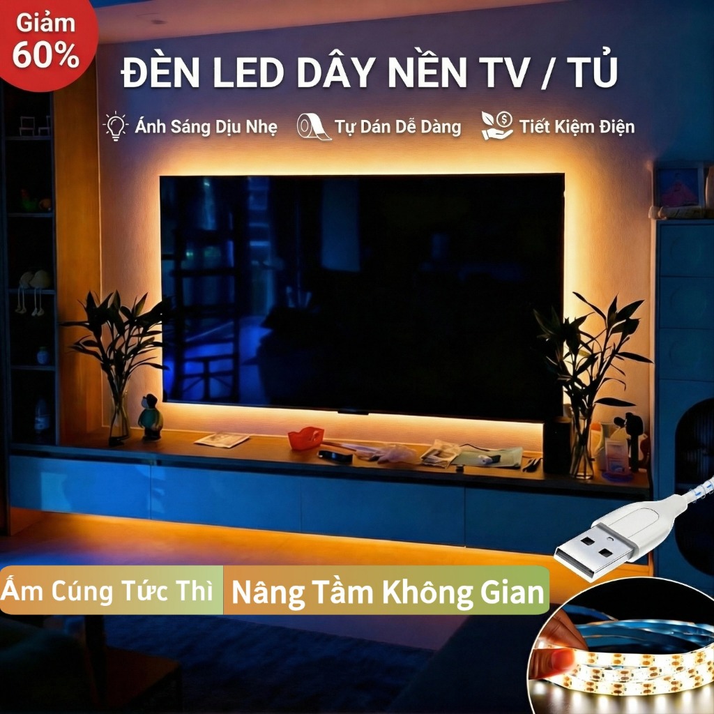 Đèn LED Chill Dán Tường Cổng USB - Đèn LED Nền TV Có Thể Cắt Tùy Chỉnh - Gắn Tủ Quần Áo, Bàn Trang Điểm Không Khoan Đục Cao Cấp