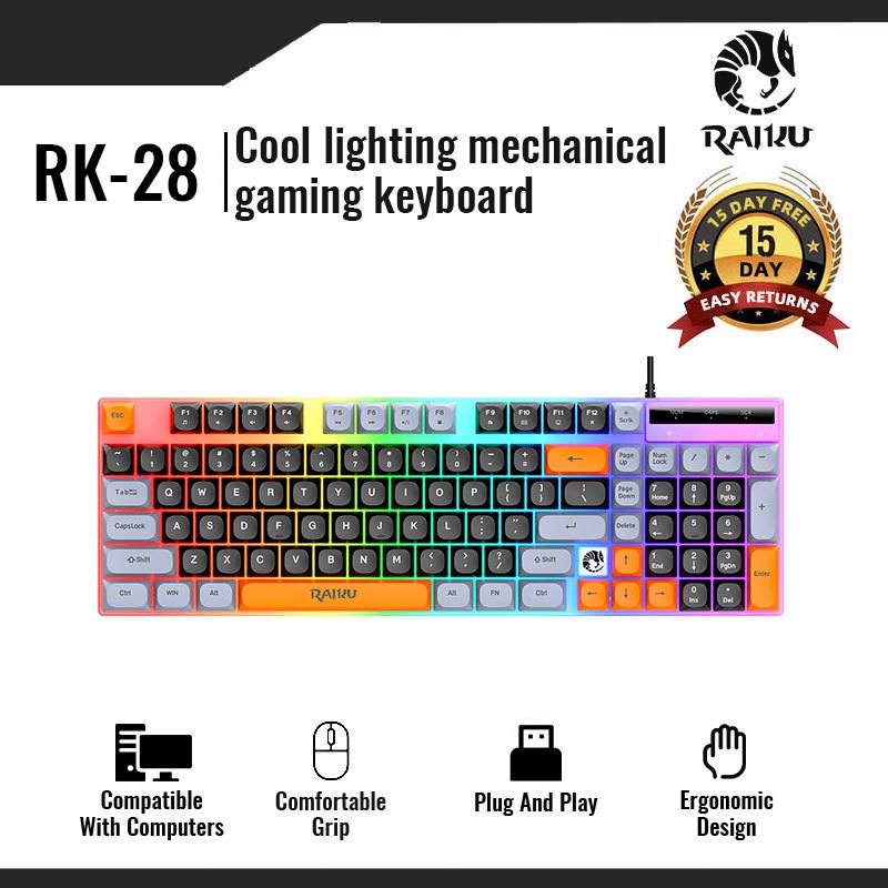 Raiku K28 98-Key Gaming Keyboard Rainbow Backlit Wired Ergonomic Keyboard for PC/Mac Black/White Tr