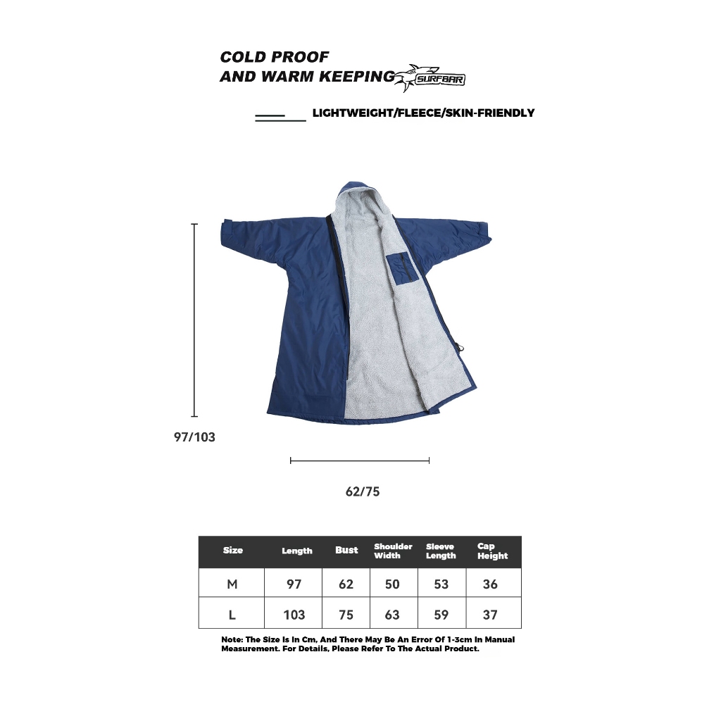 Surf Changing Robe Jacket Coat Quick Drying Jacket Weatherproof Cloak Outwear Surf Changing Robe Jacket Swim Parka Windbreaker — size chart