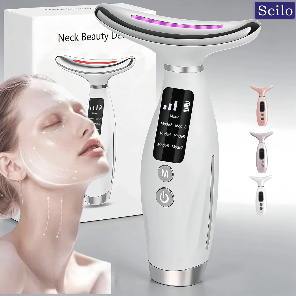 Scilo Face & Neck Beauty Device – 3-in-1 Facial Massager Tool with LED& Vibration for Skin Revitalization and Neck Firming，4 modes，Remove nasolabial folds