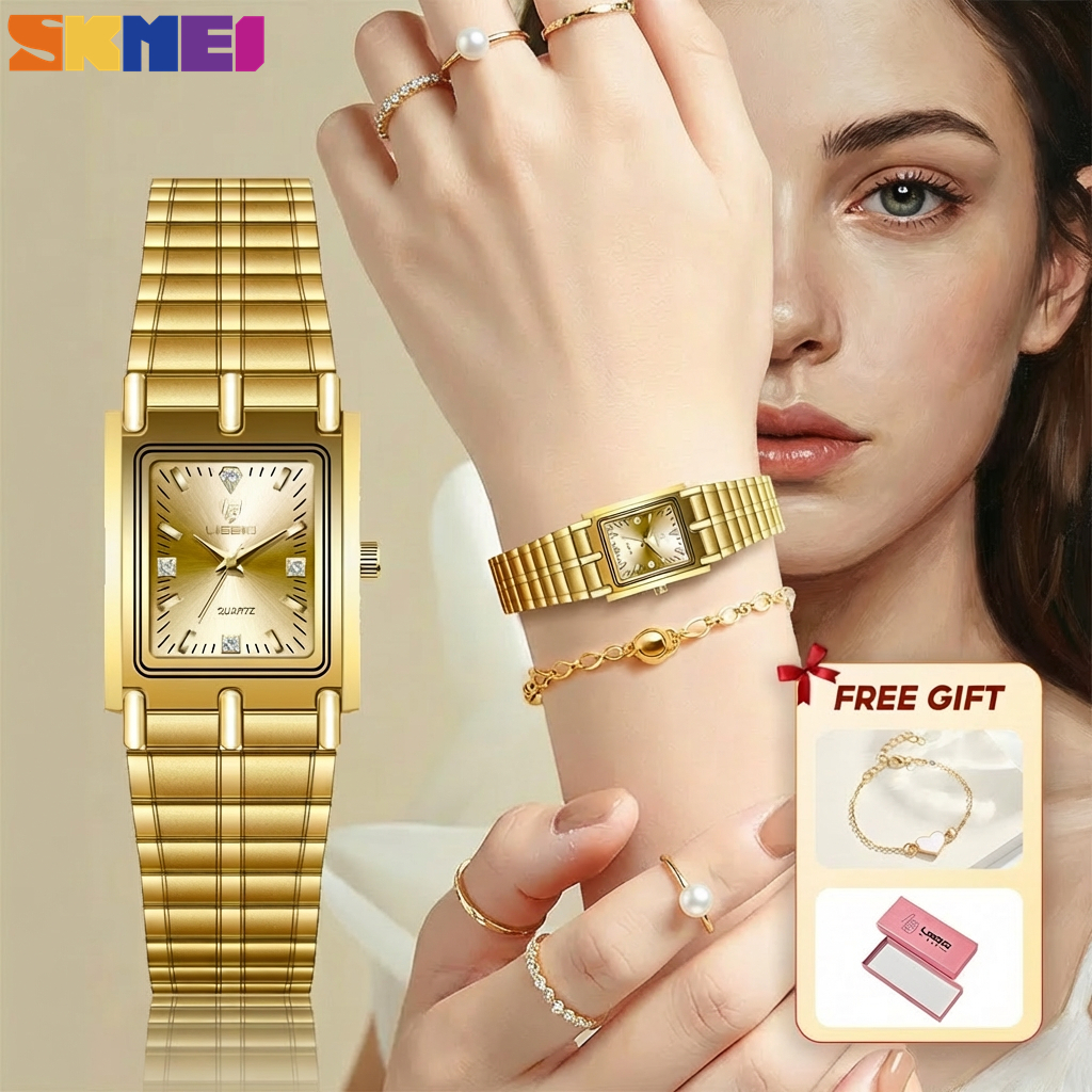SKMEI Watch for Women Gold Quartz Watch Rectangular Stainless Steel Ladies Wristwatch 30M Water Resi