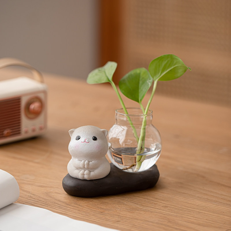 Cute Cat Hydroponic Plant Vase Tabletop Glass Planter Home Decor For Offices And living Rooms