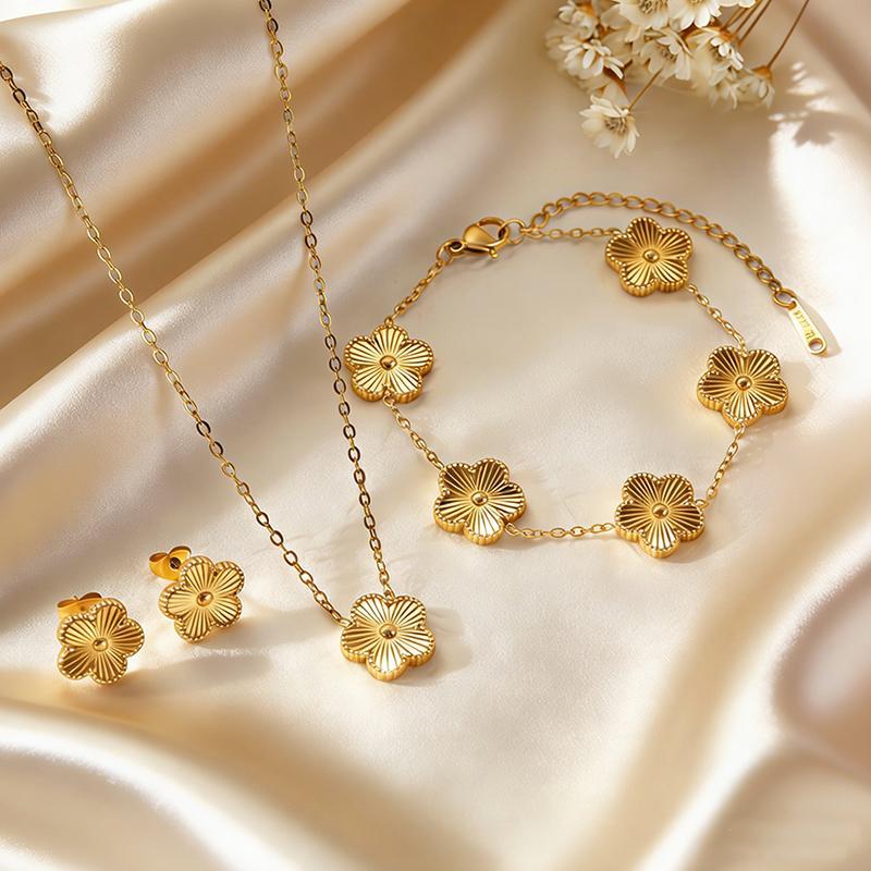 Five-Leaf Clover Stainless Steel Jewelry Set 4pcs Necklace Bracelet Ring Anti-Fade Gift