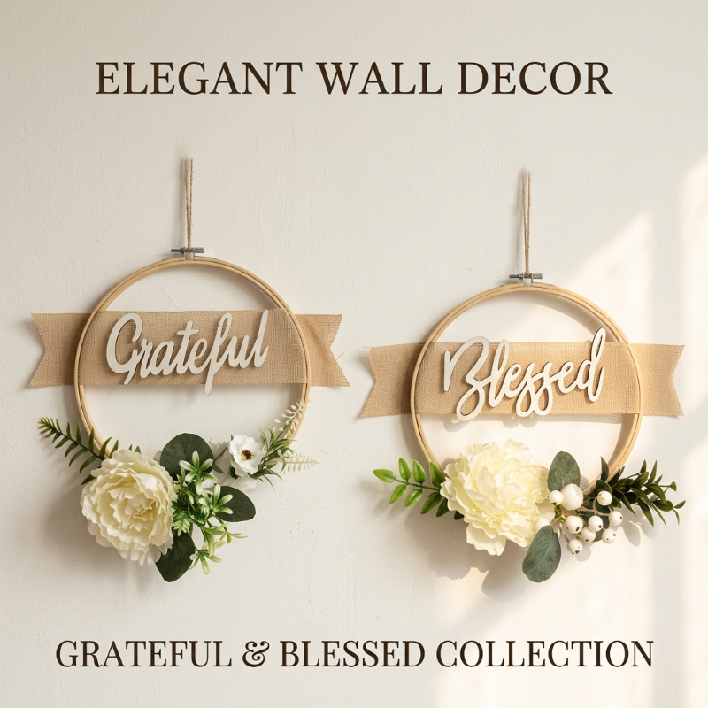 Blessed Grateful Artificial Flower Wreath, Round Wooden Hanging Sign, Father's Day Home Decor,Mother