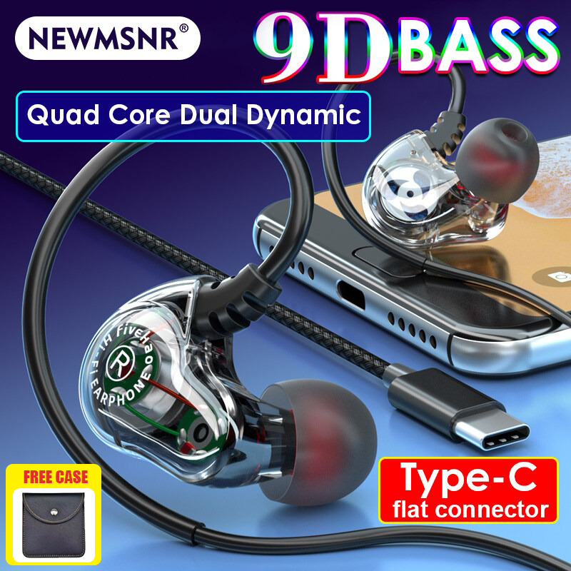 (Free Case)Newmsnr TYPE-C 9D Quad Core Earphones Surround Sound Bass Headphones Noise Cancelling Ear