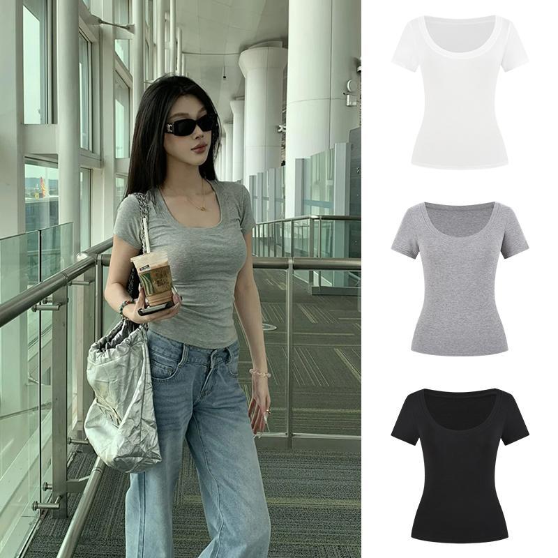 < MOSESQUEEN > U-neck Straight Shoulder Short-sleeved T-shirt for Women in Summer, Slim Fit, Waist-h