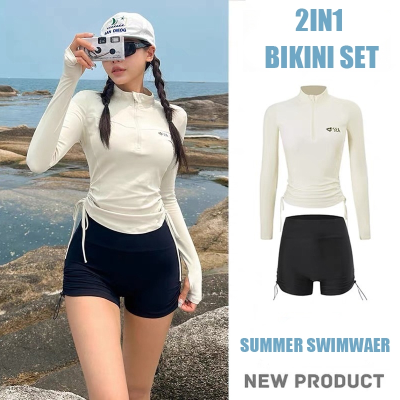 Swimsuit Women Conservative Long-Sleeved Slimming Two Pieces for Beach Outfit Korean Style Half-Zip