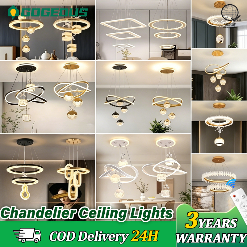 GOGEOUS Crystal LED Chandelier Ceiling Light Tricolor Dimmable With Remote Pendant Light For Living