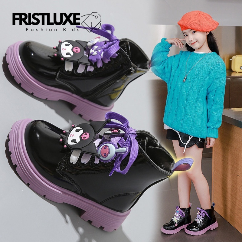 FRISTLUXE Kuromi Boots for Kids Girls Black Patent Leather Ankle Boots Casual School Shoes Non-slip