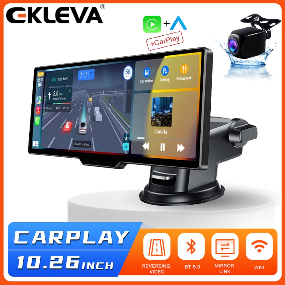EKLEVA Universal 10.26 Inch Car Mirror Video Cellphone GPS Navigation Wireless CarPlay & Android Auto 5G WiFi AUX Mirror Link BT Protable Player