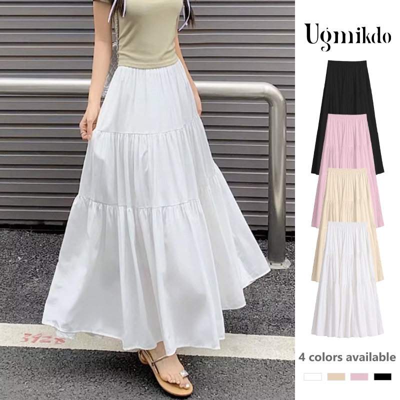 Ugmikdo Maxi Pleated Skirt for Women A-line Styling Elastic Waist Fashion Casual Long Skirt